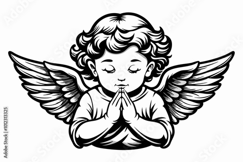 A detailed black and white vector illustration of a baby cherub sitting with its hands together in prayer. baby angel thinking silhouette vector art illustration