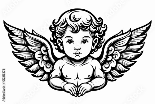 A detailed black and white vector illustration of a baby cherub sitting with its hands together in prayer. baby angel thinking silhouette vector art illustration