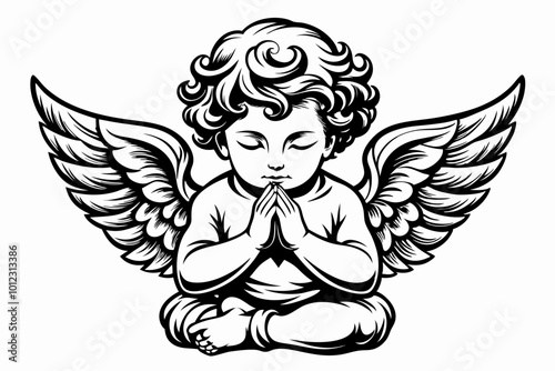 A detailed black and white vector illustration of a baby cherub sitting with its hands together in prayer. baby angel thinking silhouette vector art illustration