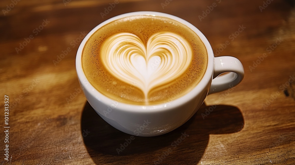 Latte art coffee with a heart shape, in a white cup, on a wooden table generative ai