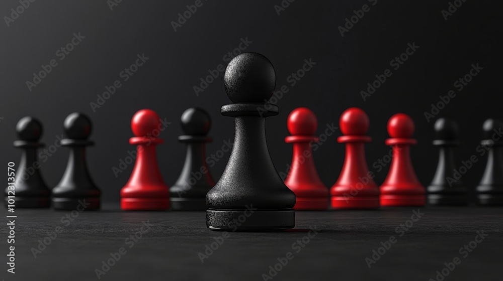 A black and red chess piece is the only one on the board A black and red chess piece is the only one on the board