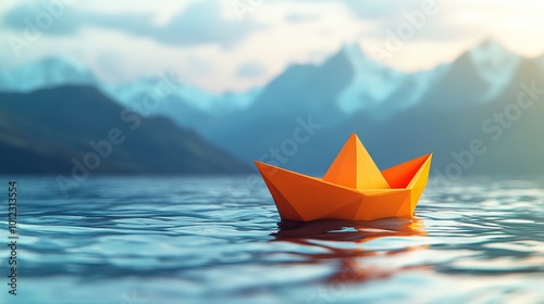A small orange boat is floating on the water in front of a mountain range