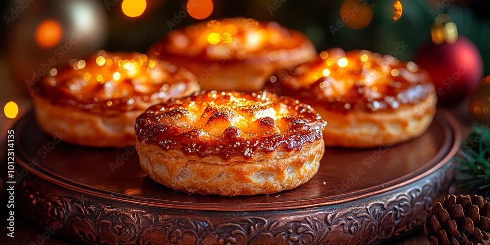 Close-up of freshly baked golden brown apple pies with a festive background, adorned with twinkling lights. Close-up of freshly baked golden brown apple pies with a festive background, adorned with twinkling lights.