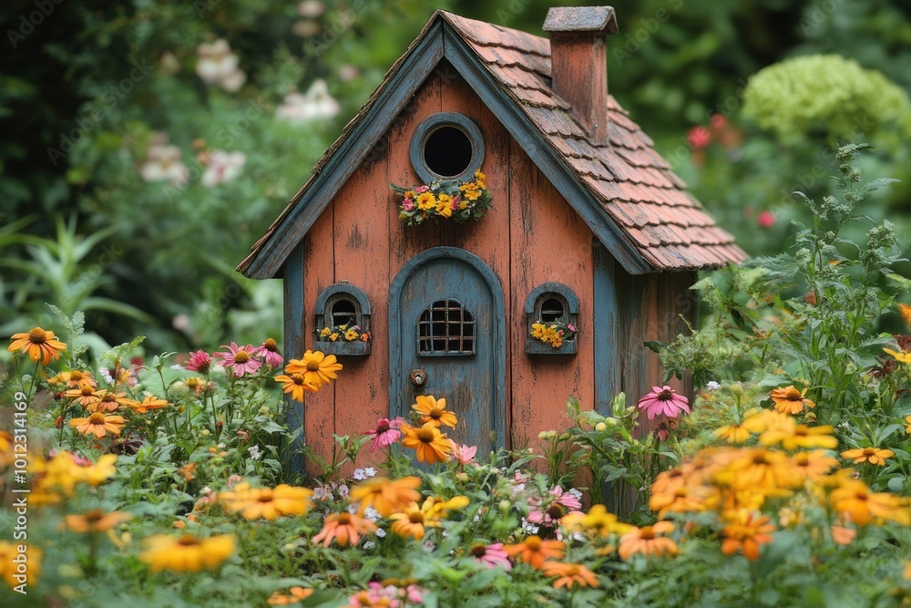 A small wooden house with a blue door and windows sits amongst a bed of colorful flowers in a lush green garden. A small wooden house with a blue door and windows sits amongst a bed of colorful flowers in a lush green garden.