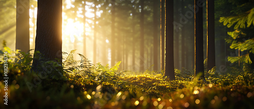 Sunlight filtering through trees in a lush green forest. photo