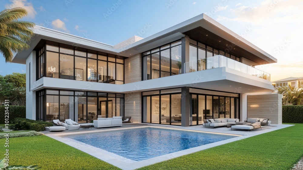 Luxury contemporary house with pool, lawn, and outdoor lounge area. generative ai Luxury contemporary house with pool, lawn, and outdoor lounge area. generative ai