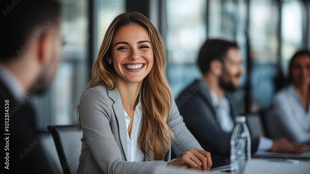A woman is smiling at the camera in a business setting A woman is smiling at the camera in a business setting