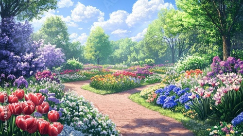 A winding path through a vibrant floral garden on a sunny day.