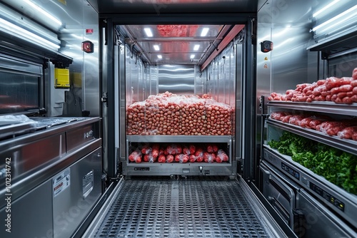 A refrigerated truck interior, filled with bags of red onions and other produce.