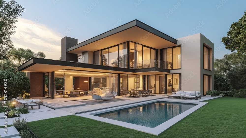 Luxury contemporary house with pool, lawn, and outdoor lounge area. generative ai Luxury contemporary house with pool, lawn, and outdoor lounge area. generative ai