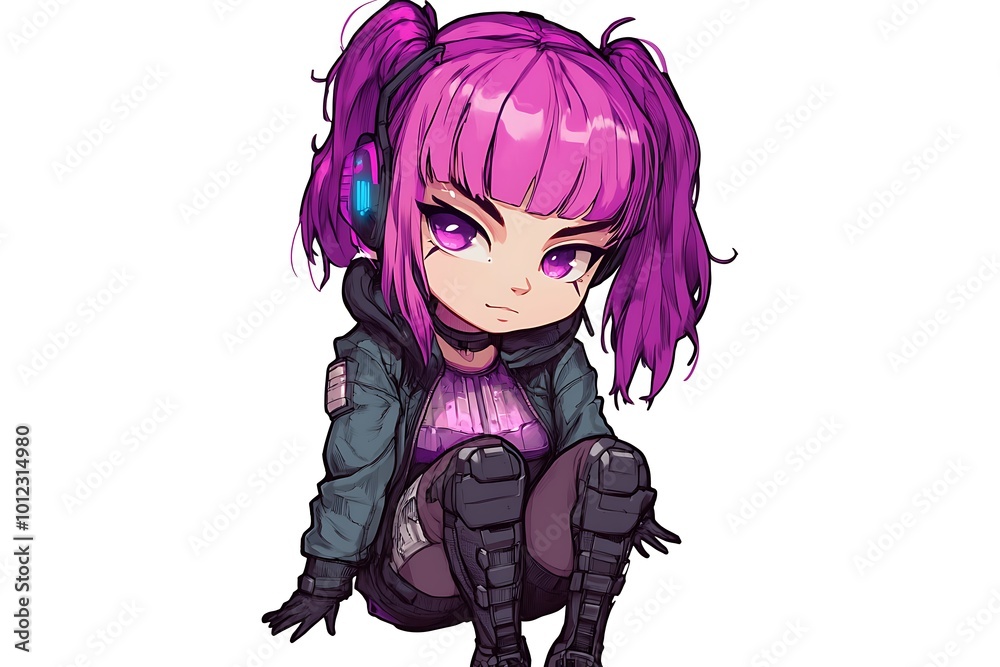 Cute anime girl with pink hair and headphones sitting on a white background Cute anime girl with pink hair and headphones sitting on a white background