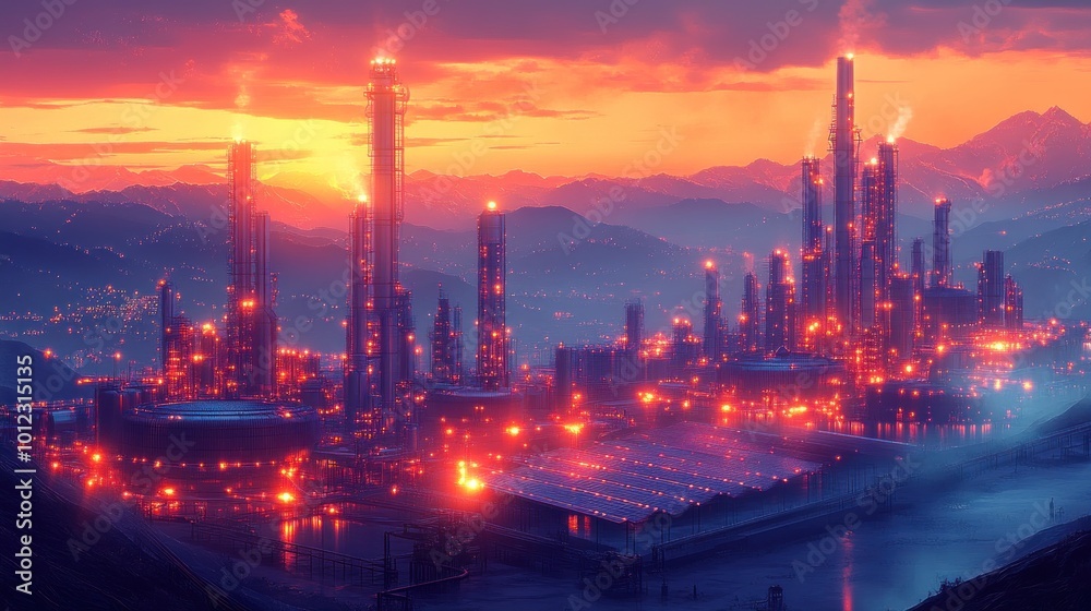 Naklejka premium A glowing industrial complex with tall towers and pipes stands against a dramatic sunset sky, with a river flowing in the foreground and mountains in the background.