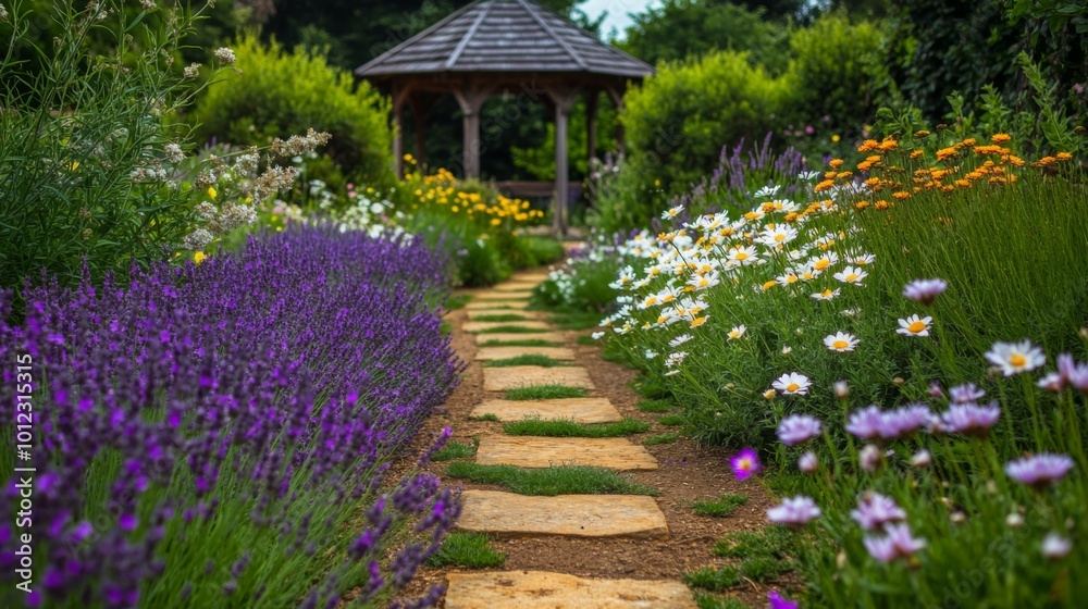 Stone Path Through a Garden With Lavender, Daisies, and a Gazebo Stone Path Through a Garden With Lavender, Daisies, and a Gazebo