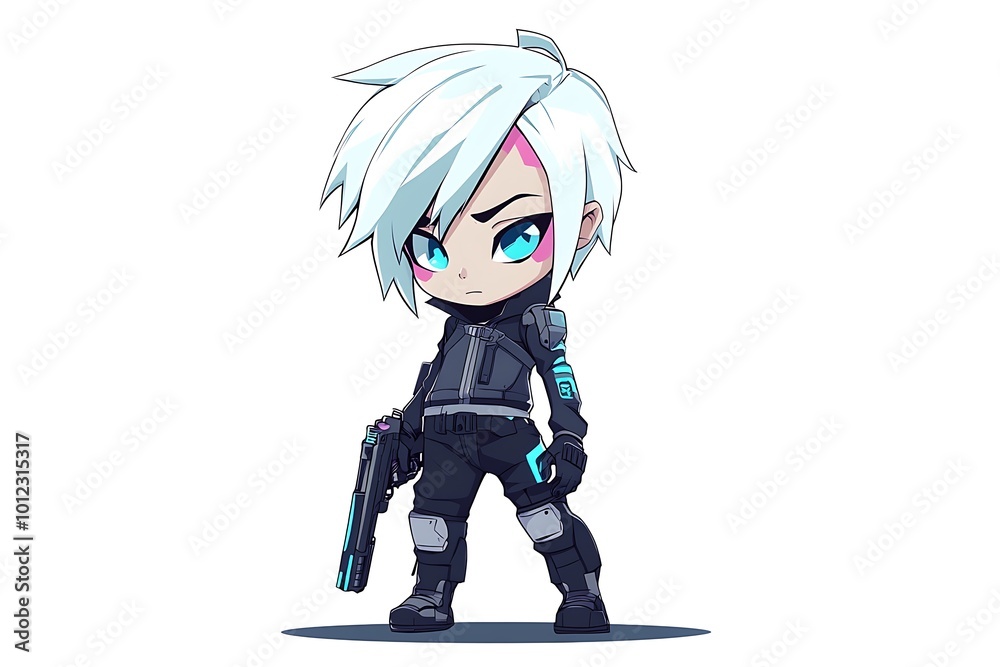 Chibi Anime Character with White Hair and Blue Eyes Holding a Gun Chibi Anime Character with White Hair and Blue Eyes Holding a Gun