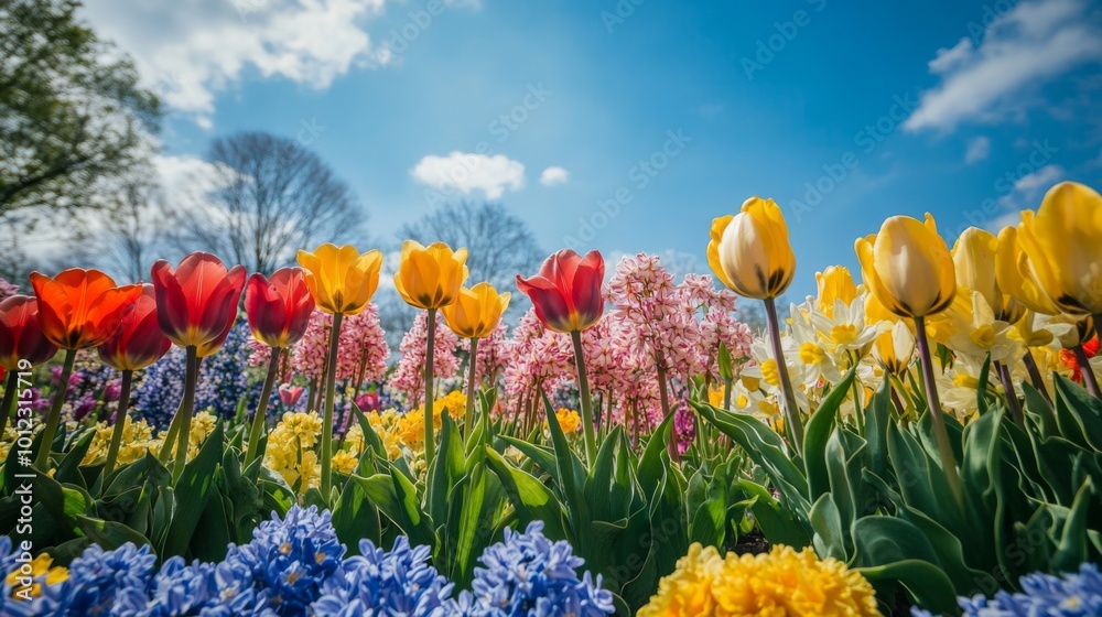 Colorful Tulips and Hyacinths in a Sunny Garden Colorful Tulips and Hyacinths in a Sunny Garden