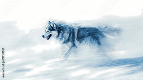 Siberian husky dog shaking off snow after a playful romp in the winter landscape creating a blurred motion effect with copy space for text overlay. Siberian Tundra. Illustration