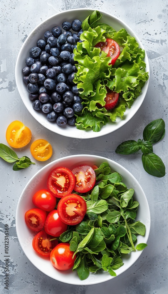 Fresh blueberries and tomatoes in bowls on a gray surface Fresh blueberries and tomatoes in bowls on a gray surface