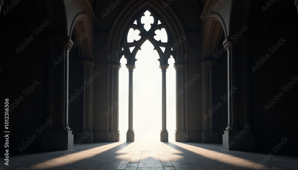Gothic arched window with ethereal light streaming through stone interior Gothic arched window with ethereal light streaming through stone interior