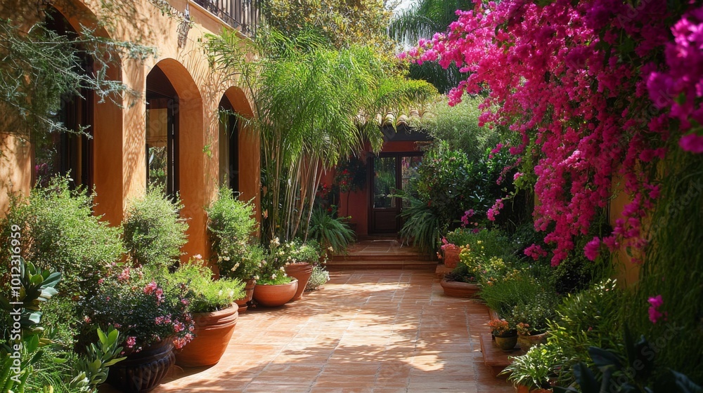 Sunlit Courtyard with Terracotta Pots and Lush Greenery Sunlit Courtyard with Terracotta Pots and Lush Greenery
