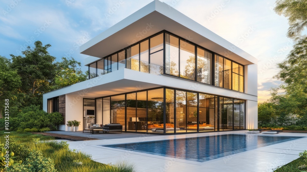 Luxury modern home with pool, garden, and sleek architectural design. generative ai