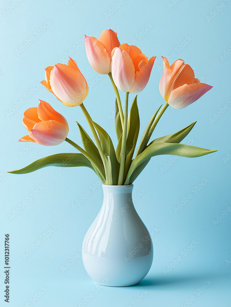 A photograph of tulips in a vase on a light blue background, minimalist in style. A photograph of tulips in a vase on a light blue background, minimalist in style.