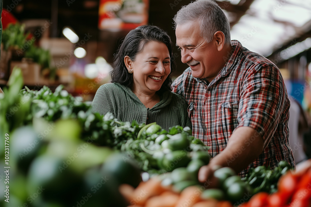 Obraz premium A man and woman are shopping for vegetables at a market