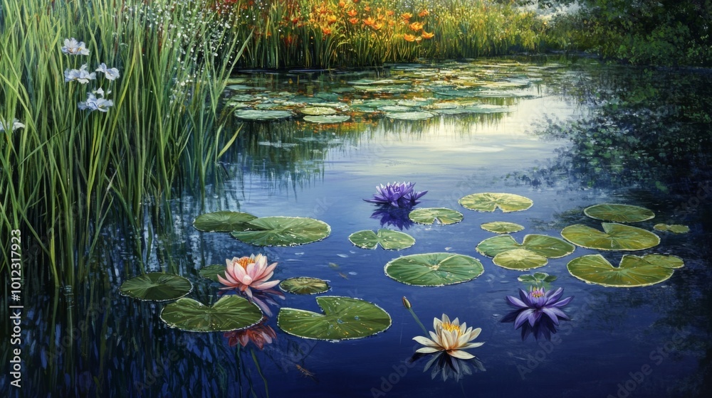 Water Lily Pond with Lush Green Foliage and Blooming Flowers Water Lily Pond with Lush Green Foliage and Blooming Flowers