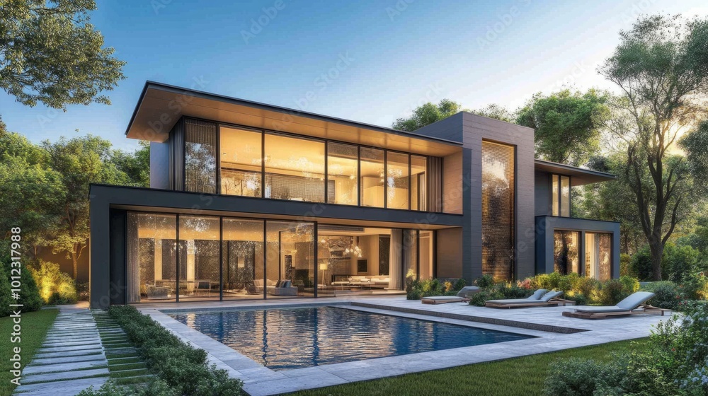 Luxury modern home with pool, garden, and sleek architectural design. generative ai Luxury modern home with pool, garden, and sleek architectural design. generative ai