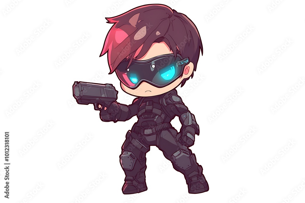 Chibi Anime Character with Gun in Action Pose, Video Game Avatar Chibi Anime Character with Gun in Action Pose, Video Game Avatar