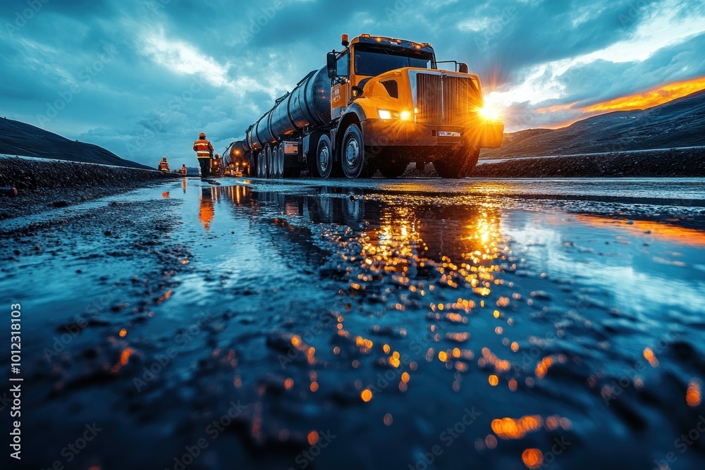 A yellow tanker truck drives down a wet road with a worker in the distance. A yellow tanker truck drives down a wet road with a worker in the distance.
