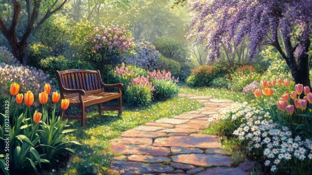 Obraz premium A Serene Garden Pathway with a Wooden Bench and Vibrant Blooms