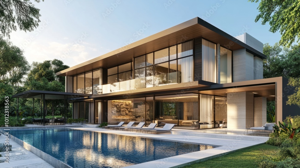 Luxury modern home with pool, garden, and sleek architectural design. generative ai Luxury modern home with pool, garden, and sleek architectural design. generative ai