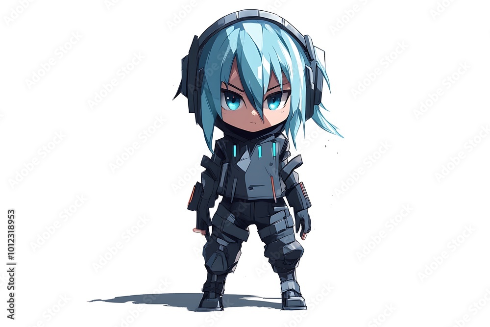 Chibi anime girl in futuristic armor with headphones and green hair. Chibi anime girl in futuristic armor with headphones and green hair.