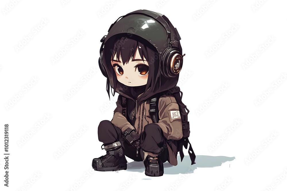 Cute anime girl with headphones and backpack sitting on a white background. Cute anime girl with headphones and backpack sitting on a white background.