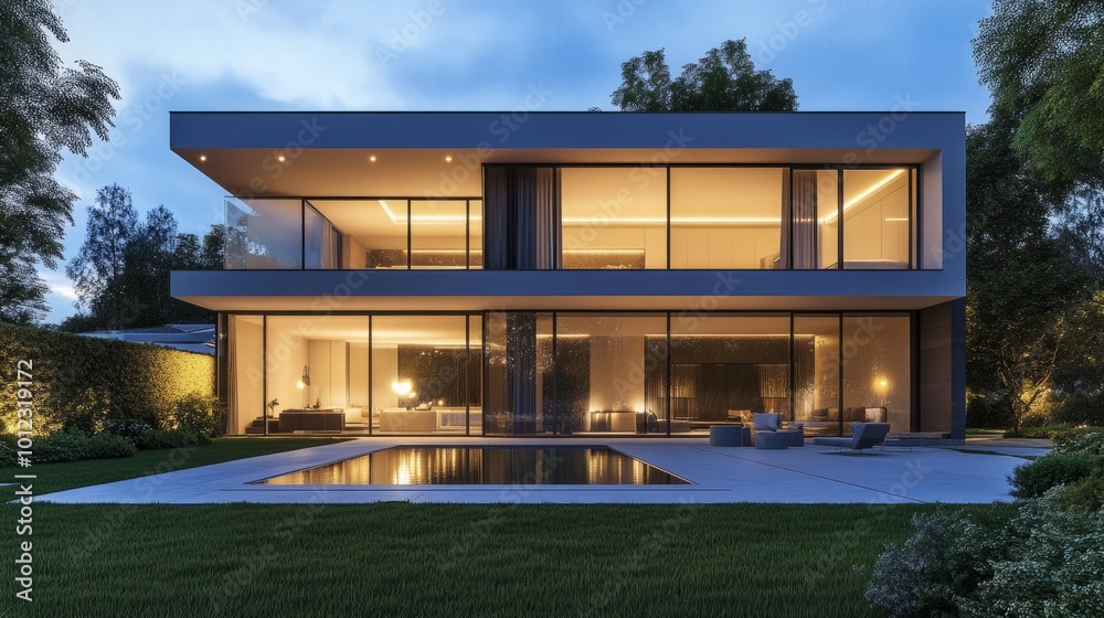 Luxury villa with sleek design, outdoor lighting, and green lawn generative ai Luxury villa with sleek design, outdoor lighting, and green lawn generative ai