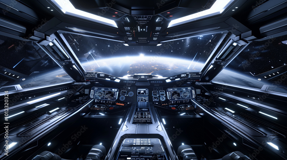 Command Center: Futuristic Spaceship's Cockpit with Advanced Digital Instruments Command Center: Futuristic Spaceship's Cockpit with Advanced Digital Instruments