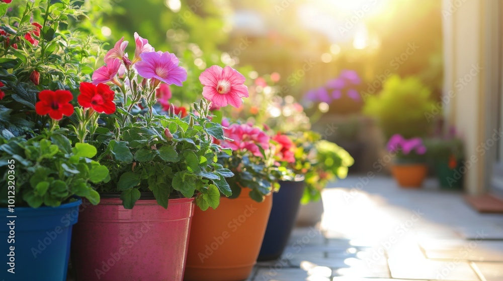 Fototapeta premium Colorful potted flowers in a sunny backyard