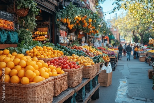 A bustling outdoor market with colorful fresh produce in baskets on a sidewalk.