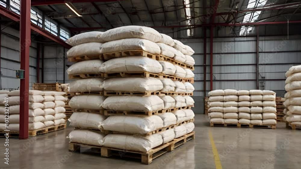 warehouse interior featuring rows of neatly stacked flour sacks on wooden pallets, 