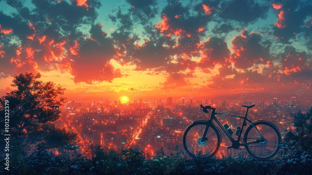 Obraz premium A bicycle silhouette on a hilltop overlooking a city skyline at sunset.