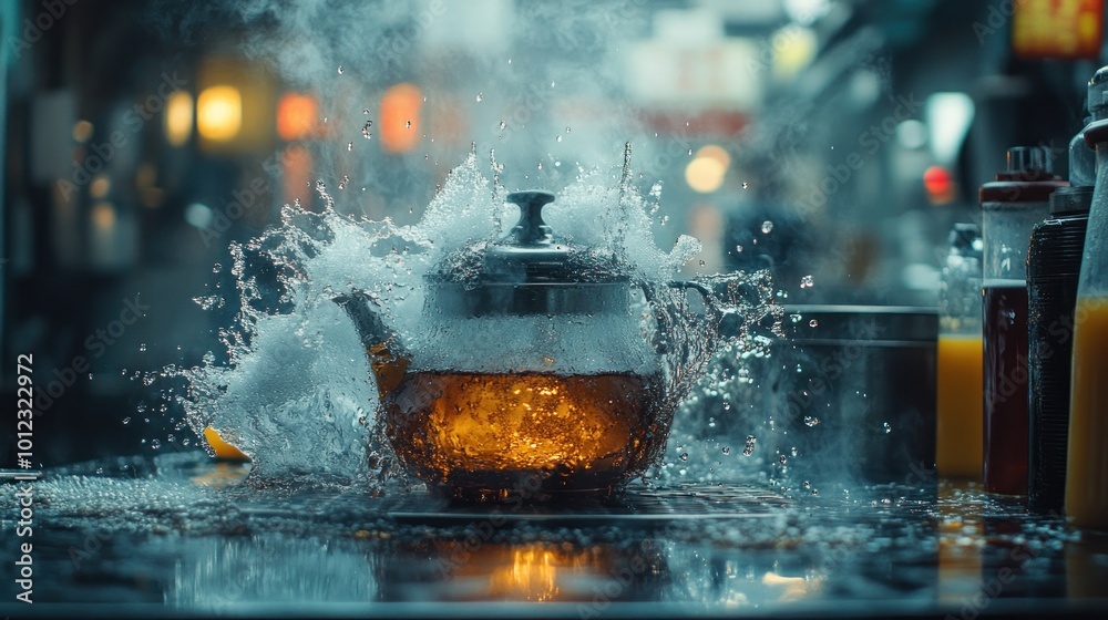 A glass teapot with steam and water splashing out of it. A glass teapot with steam and water splashing out of it.