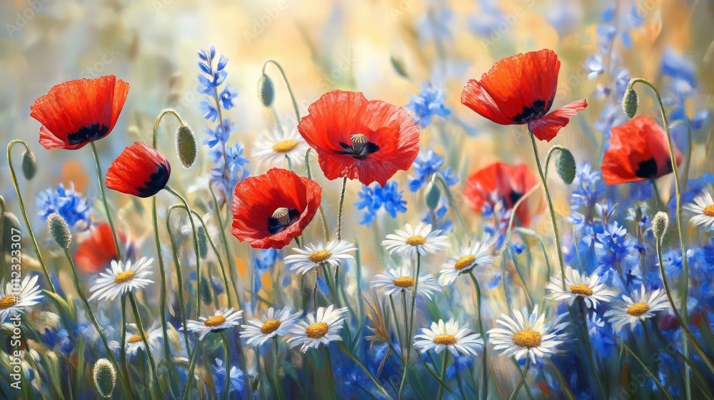 A Painting of Red Poppies and White Daisies in a Field of Blue Flowers A Painting of Red Poppies and White Daisies in a Field of Blue Flowers