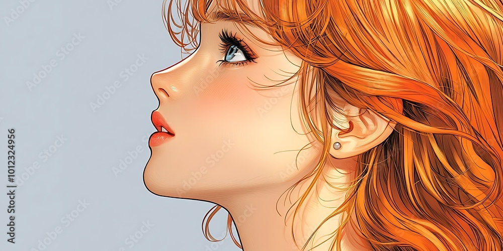 Anime girl with long ginger hair looking up, digital illustration Anime girl with long ginger hair looking up, digital illustration