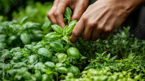 Hand Picking Fresh Green Basil Leaves From a Garden Bed