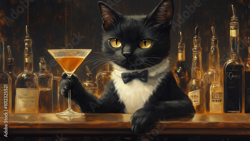 Tuxedo Cat Sipping Martini at a Retro Bar