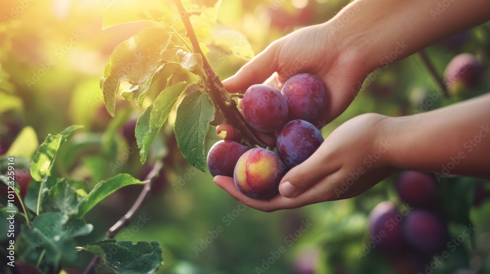 Hand Holding Ripe Plums From a Tree Branch Hand Holding Ripe Plums From a Tree Branch