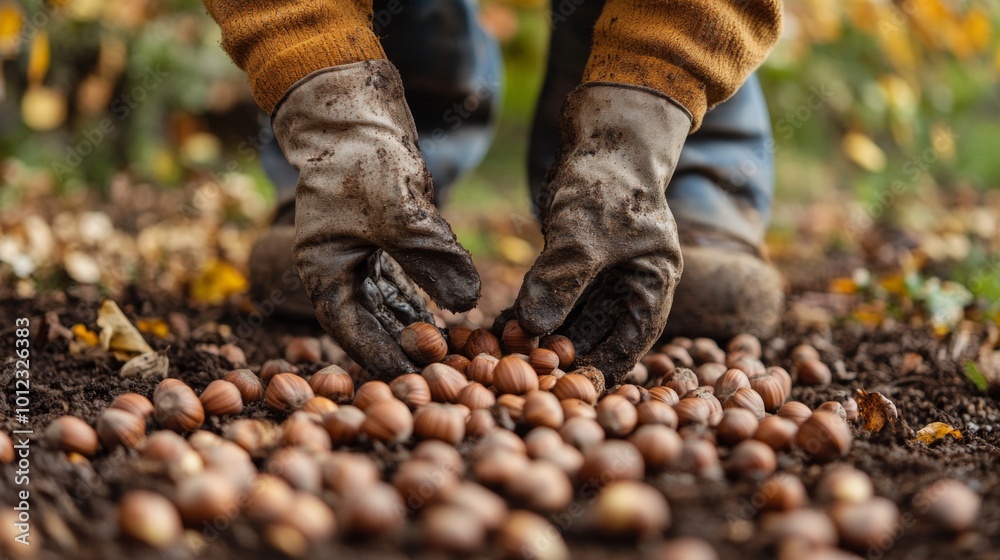 Gloved Hands Gathering Hazelnuts on the Ground Gloved Hands Gathering Hazelnuts on the Ground