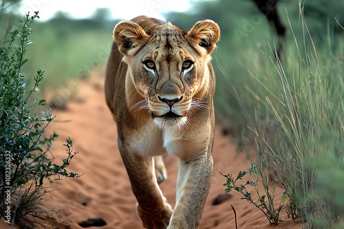 A lioness stalking prey through the tall grass, her eyes focused and body low to the ground, symbolizing the fierce hunting prowess of the Big Five predator