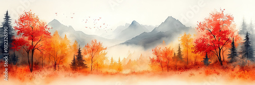 Watercolor painting of a misty fall forest with mountains in the distance.