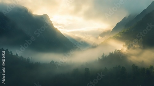 Serene Mountain Landscape with Mist and Sunlight